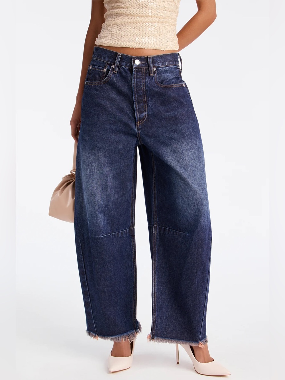 Fashion Nova Dark Blue Barrel Leg Jeans with Frayed Hem